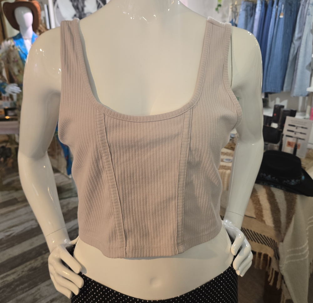 Double Zero Taupe Ribbed Scoop Crop Tank
